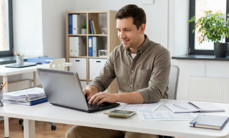 Smiling male professional typing on laptop at organized office desk with 
documents, calculator, and binder shelves