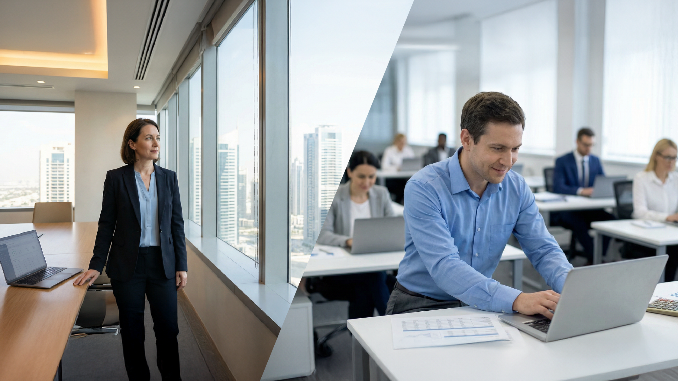 Female executive standing in high-rise boardroom beside male professional working on laptop in open office