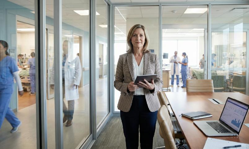 Female healthcare administrator holding tablet in hospital conference room with clinical staff visible through glass walls