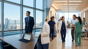 Split image of male healthcare executive at window overlooking city skyline and diverse medical team collaborating in hospital corridor