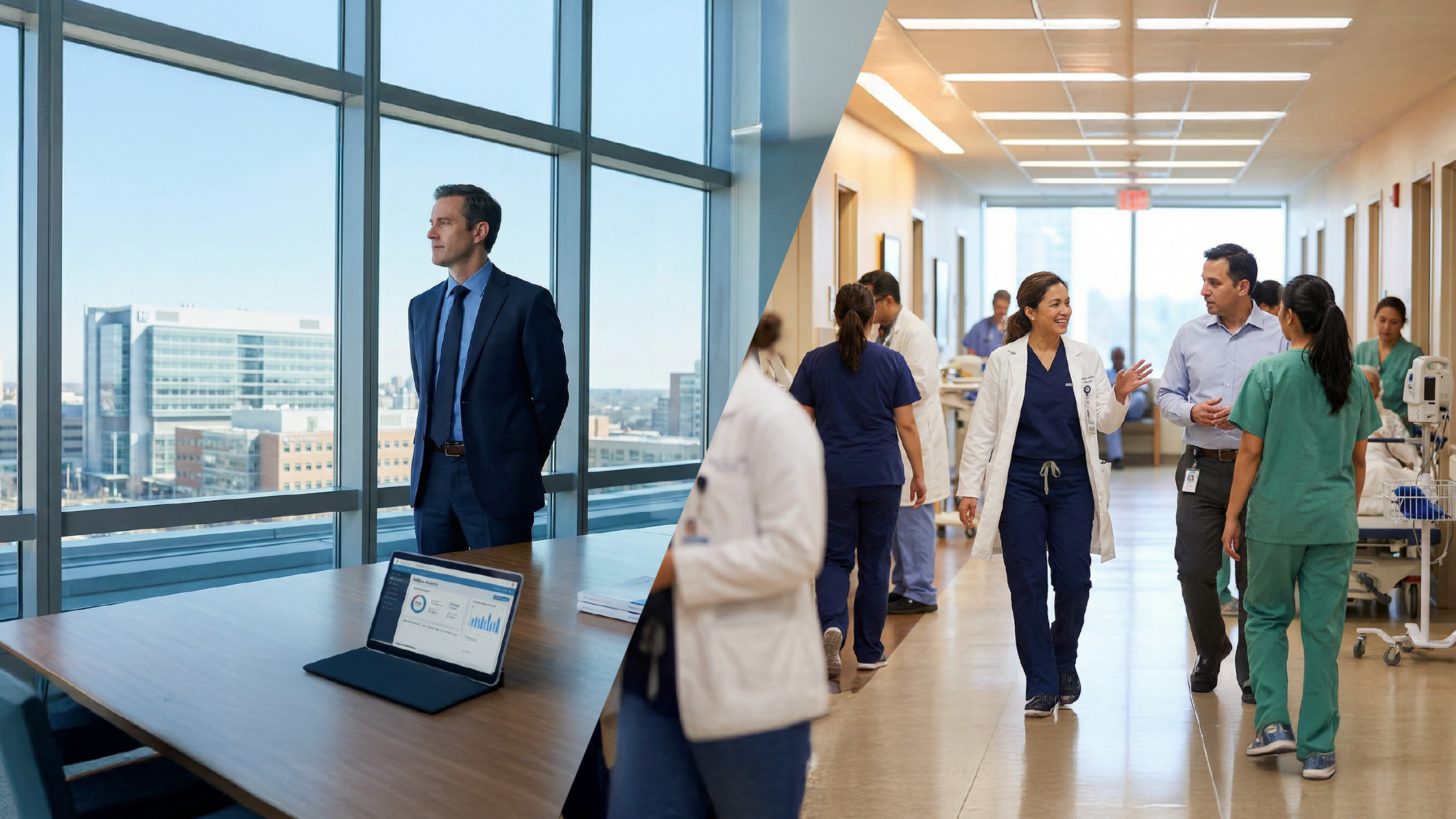 Split image of male healthcare executive at window overlooking city skyline and diverse medical team collaborating in hospital corridor