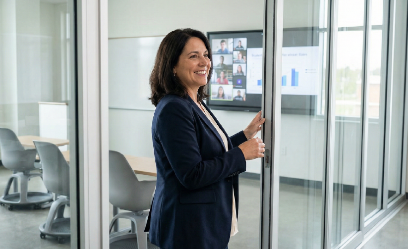 Smiling female special education administrator opening glass conference room door with video call on screen