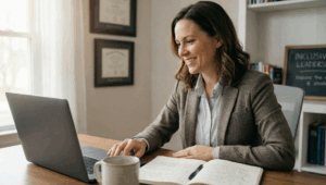 Special education professional smiling while working on laptop at desk with diplomas and Inclusive Leadership sign