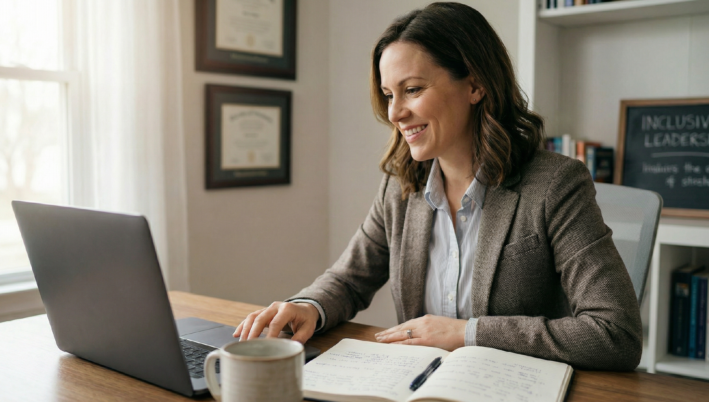 Special education professional smiling while working on laptop at desk with diplomas and Inclusive Leadership sign