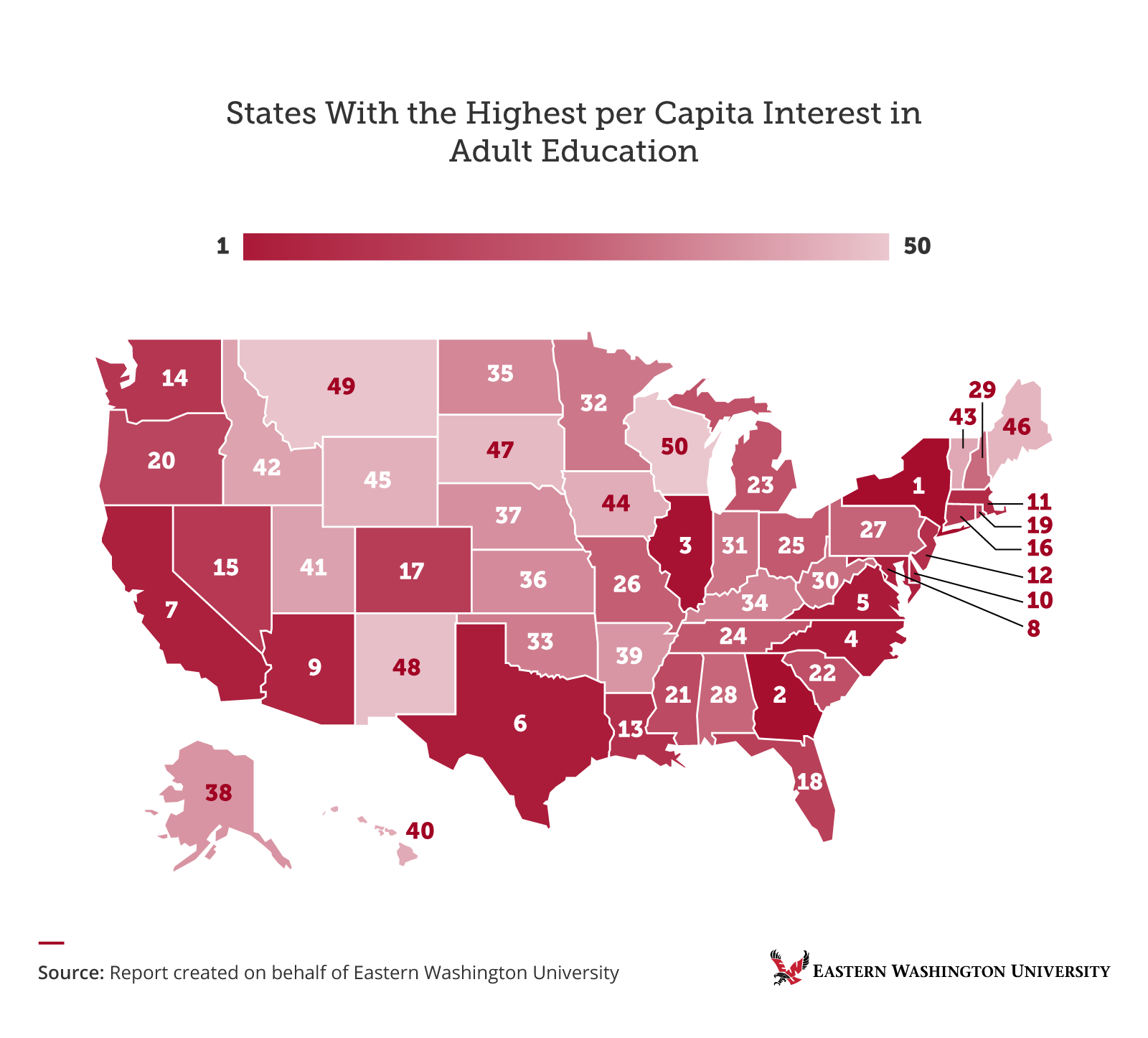 US choropleth map ranking all 50 states by per capita interest in adult education, Eastern Washington University