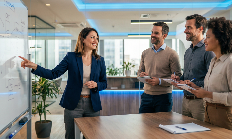 Female business leader presenting strategy on whiteboard to diverse team in modern office