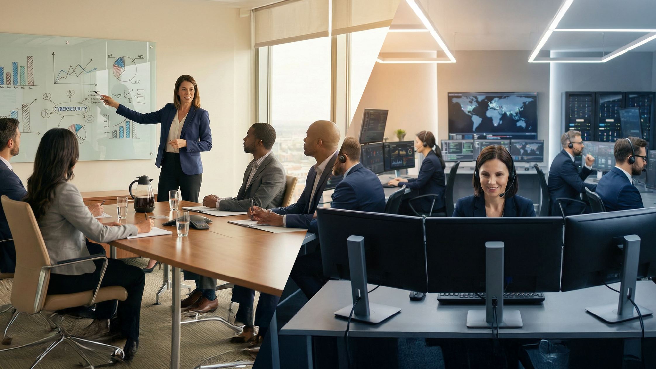 Cybersecurity MBA careers split scene showing executive strategy presentation and SOC analyst team